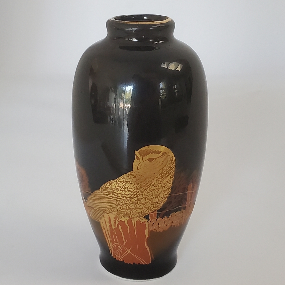 Otagiri Japan Vintage Black Porcelain 24k Gold Owl Vase Gibson Greeting Crads